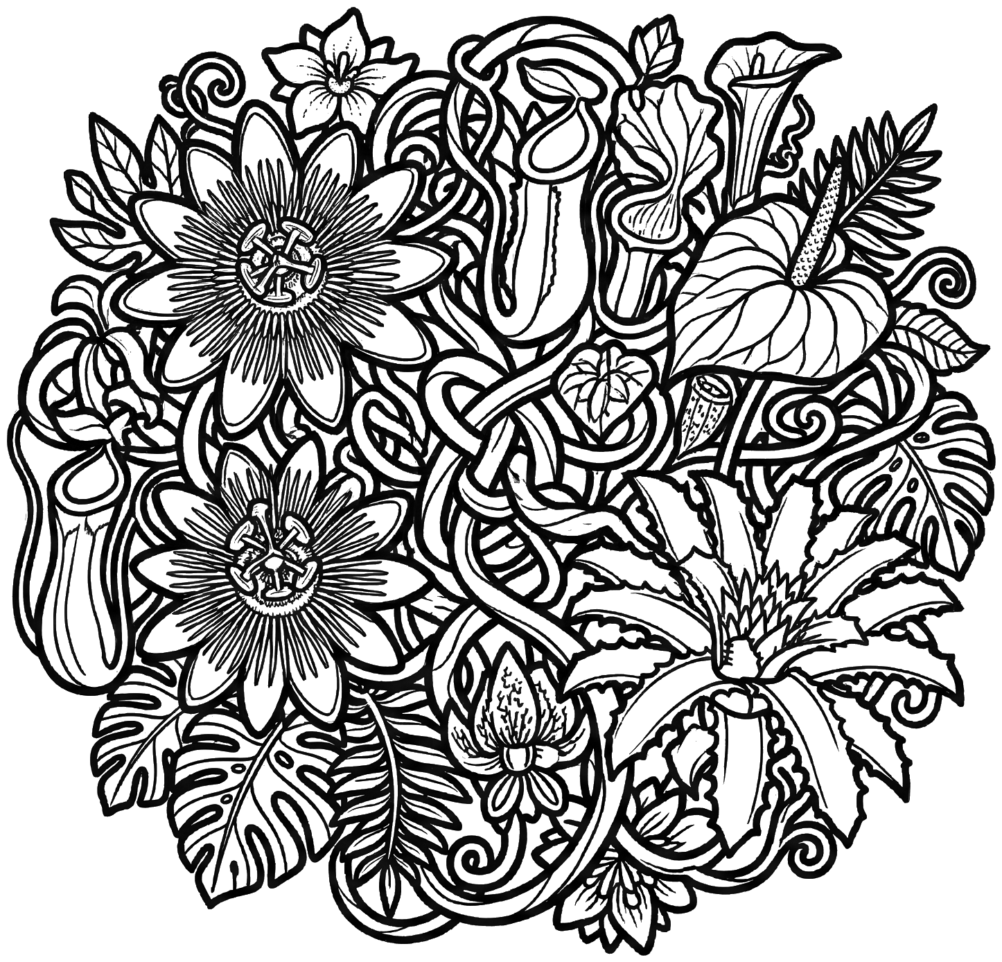 Twisting Vines with Large Blooms
“Create a tightly woven cluster of thick vines and large, exotic blooms, all in bold black outlines. Arrange them in a central mass without forming a frame, keeping everything strictly flat and away from the canvas boundary.”